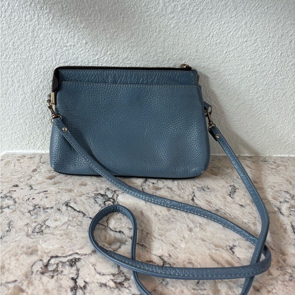 Pebbled Leather Crossbody Bag in Dusty Blue with Adjustable Strap